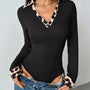 Leopard Trim Ribbed Knit Bodysuit