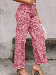 Brown Leopard Frayed Edge Wide Leg High Waist Jeans - Damesmode Afbeelding 6 - Miniatuur