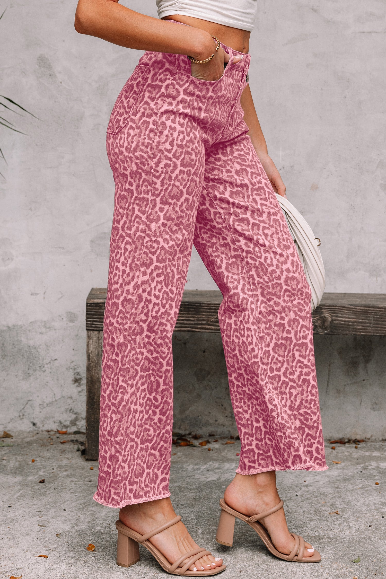 Brown Leopard Frayed Edge Wide Leg High Waist Jeans - Damesmode Afbeelding 6
