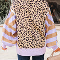 Khaki Stripe Color Block Patchwork Leopard Casual Sweatshirt with Slits - Foto 5