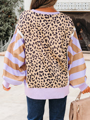 Khaki Stripe Color Block Patchwork Leopard Casual Sweatshirt with Slits - Miniatuur