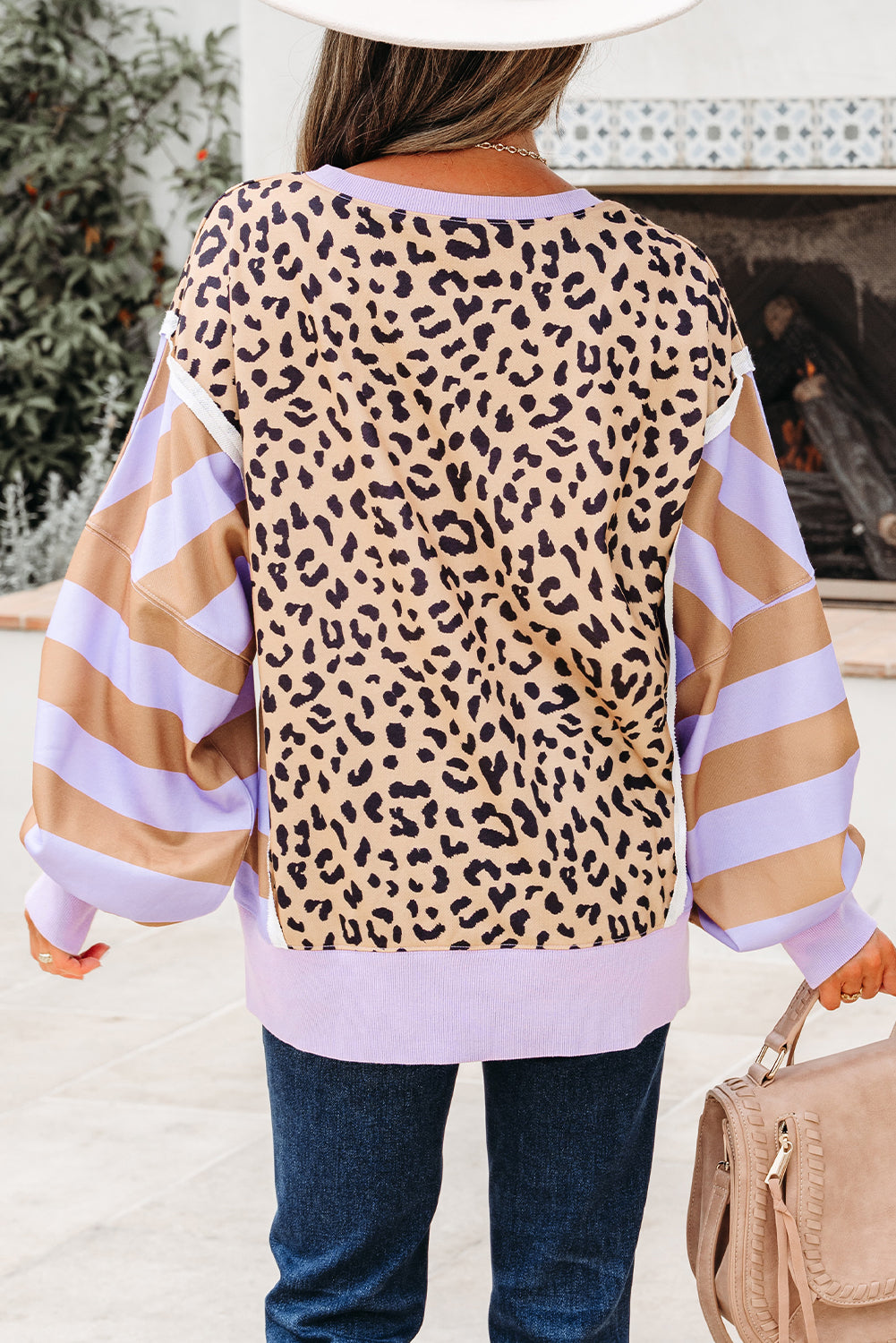 Khaki Stripe Farbblock Patchwork Leopard Casual Sweatshirt mit Schlitzen