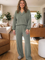Vierblatt-Kleeblatt verdrehte Rippen, freiliegende Naht Detail V-Ausschnitt Pullover Plus-Size Hosenset - Miniatuur