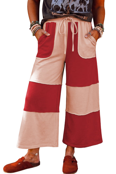 Fiery Rood Raw Seam Colorblock Wide Leg Ankle Length Casual Pants - Detail