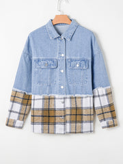 Khaki Plaid Patchwork Buttoned Oversized Denim Jacket - Miniatuur