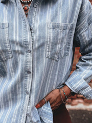 Tasca sul petto a righe azzurro cielo Boyfriend Classic Denim Shacket - Miniatuur