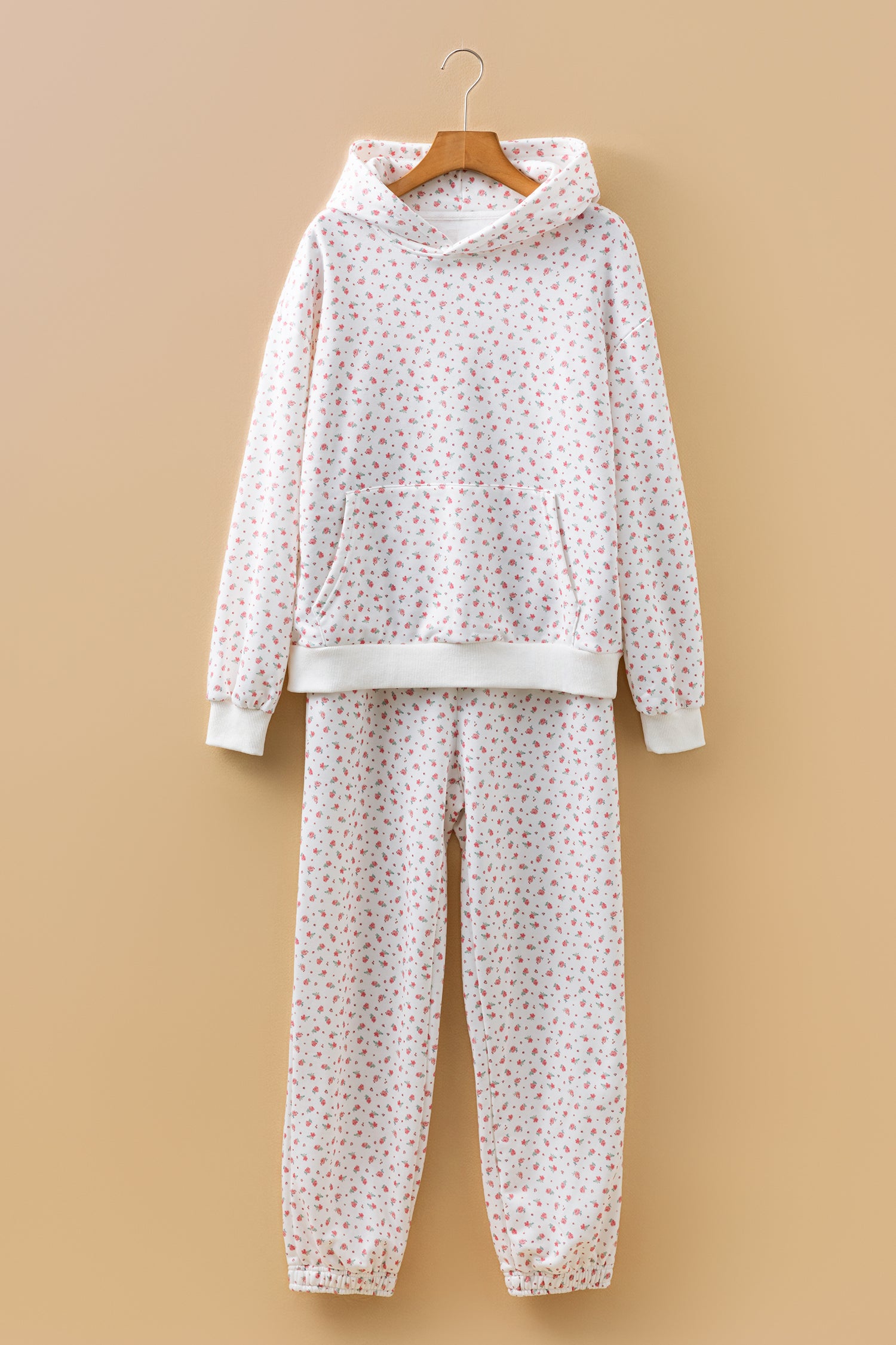 Set di felpe con cappuccio a tasca canguro rosa con stampa, set di pantaloni della tuta