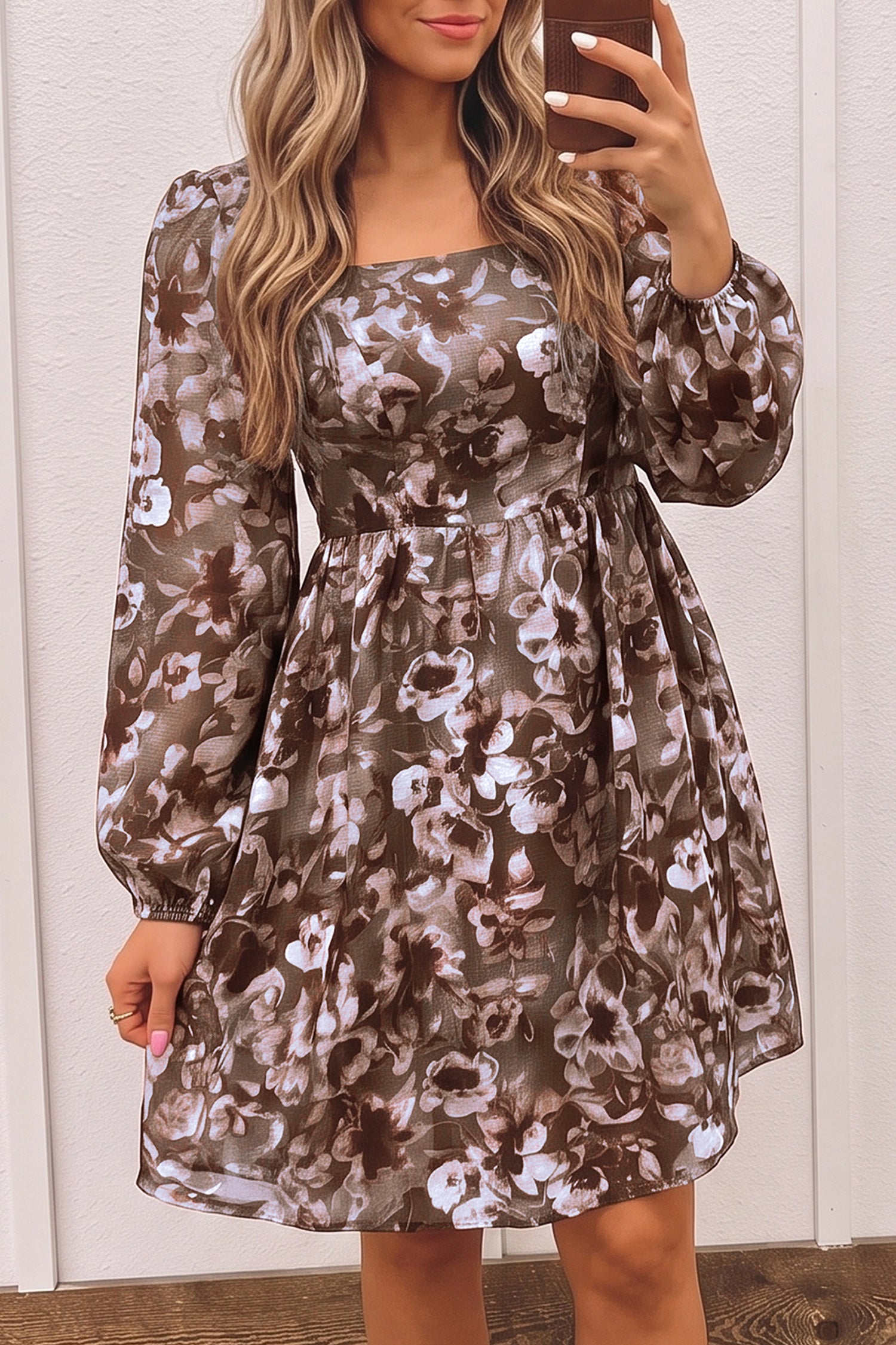 Brown Abstract Floral Print Square Neck Long Sleeve Mini Shift Dress - Damesmode Afbeelding 1