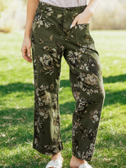 Green Vintage Floral Print Square Patch Pocket Raw Hem Shift Jeans - Miniatuur
