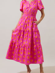 Rose Double Polka Dot Short Sleeve Shirred High Waist Midi Dress - Miniatuur