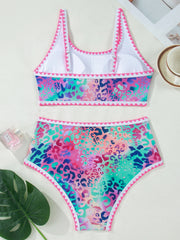 Pink Leopard Ricrac Trim Square Neck High Waist Bikinich - Miniatuur