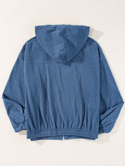 Real Teal Corduroy Drawstring Hooded Pocket Zip Up Jacket - Miniatuur