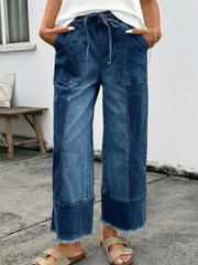 Beau Blue Drawstring Seam Detail Raw Hem Wide Leg Denim Pants - Damesmode Afbeelding 4 - Miniatuur