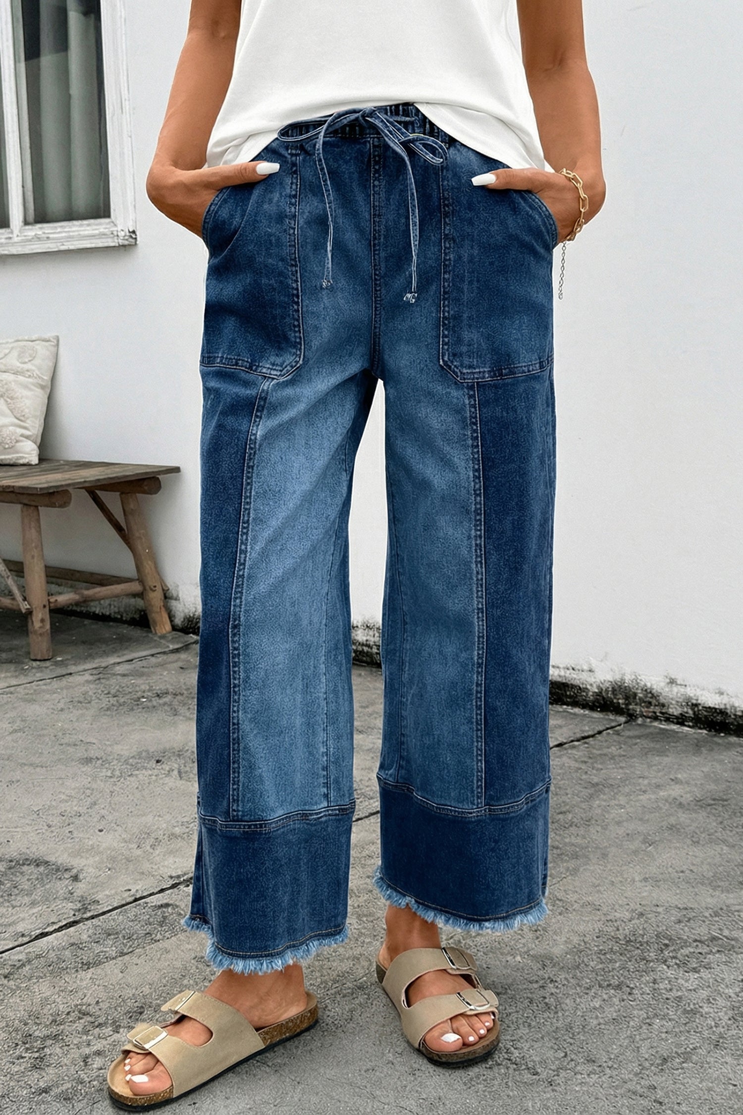 Beau Blue Drawstring Seam Detail Raw Hem Wide Leg Denim Pants - Damesmode Afbeelding 4