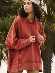 Roter Hoodie mit Senkungsschultertasche und weitem Kordelzug - Miniatuur