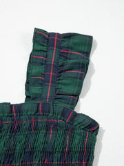 Green Plaid Ruffle Sleeveless Shirred Bodice Tiered Midi Dress - Miniatuur