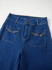 Sail Blue Hardware Decor Gepatchte Taschen Weit beinte Jeanshosen - Miniatuur