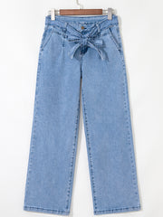 Beau Blue Western Washed Bow Knot Sash Wide Leg Jeans - Damesmode Afbeelding 3 - Miniatuur