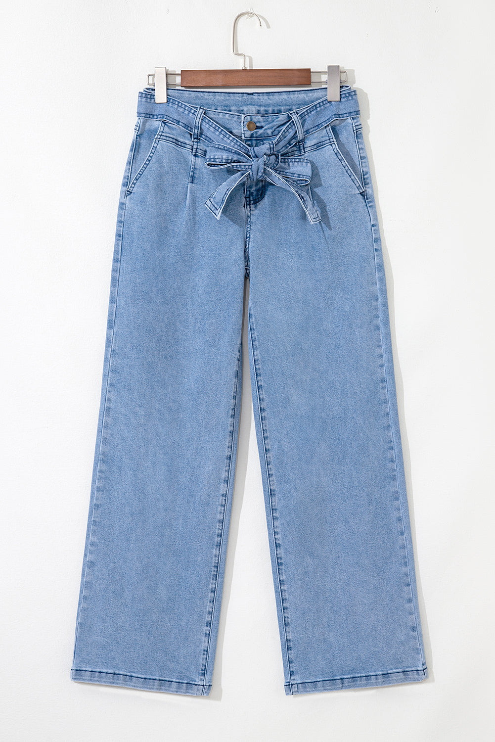 Beau Blue Western Washed Bow Knot Sash Wide Leg Jeans - Damesmode Afbeelding 3