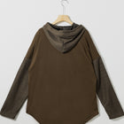Dark Brown Button Up Contrast Knitted Sleeves Hooded Jacket - Thumbnail