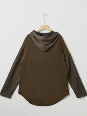 Dark Brown Button Up Contrast Knitted Sleeves Hooded Jacket - Miniatuur