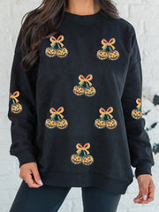 Black Halloween Sequin Pumpkin Graphic Relaxed Pullover Sweatshirt - Damesmode Afbeelding 1 - Miniatuur