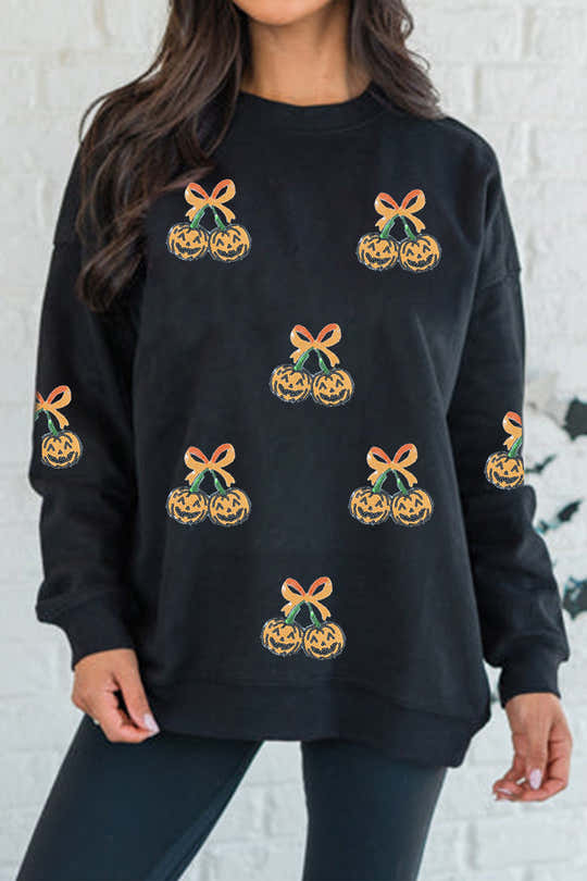 Black Halloween Sequin Pumpkin Graphic Relaxed Pullover Sweatshirt - Damesmode Afbeelding 1