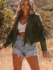 Green Cropped Fringe Faux Suede Jacket - Miniatuur