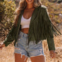 Green Cropped Fringe Faux Suede Jacket