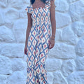 Sky Blue Ethnic Geometric Print Square Neck Smocked High Waist Ruffle Sleeve Dress - Foto 4