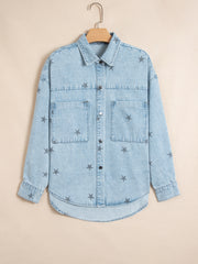 Sky Blue Stars Pattern Long Sleeve Shirt Collar Denim Jacket - Miniatuur