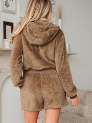 Parchment Zip Up Hoodie Drawstring Shorts Sherpa 2pcs Outfit - Miniatuur