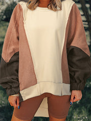 Beige übergroßer Farbblock Patchwork High Low Hoodie – Damesmode Afbeelding 7 - Miniatuur