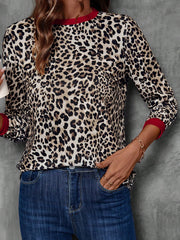 Brown Leopard Print Contrast Trim Round Neck Long Sleeve Top - Women's Fashion Image 4 - Miniatuur