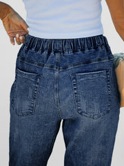 Jogger en jean en denim usé à poches bleu foncé - Miniatuur