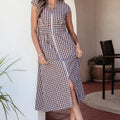 Red Plaid Print Full Zipper Cinched Waist Fit Flare Sleeveless Maxi Dress - Foto 4