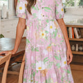 Rosa Blummenprint kuerz Puff-Ärmel héich Taille gestufte Maxi-Kleed - Foto 3