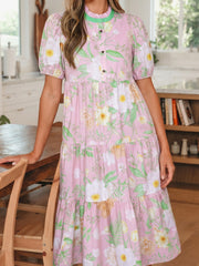 Pink Floral Print Short Puff Sleeve High Waist Tiered Maxi Dress - Miniatuur