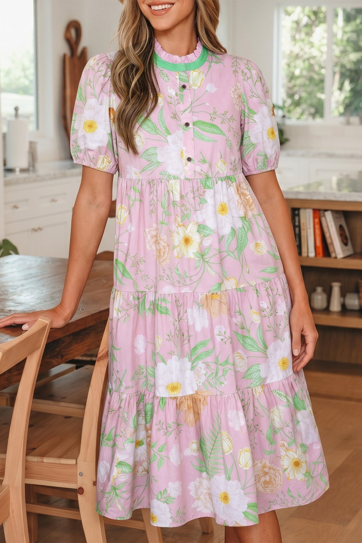 Pink Floral Print Short Puff Sleeve High Waist Tiered Maxi Dress