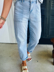 Jeans Beau Blue High Rise Barrel Relaxed Patch Pocket - Damesmode Afbeelding 2 - Miniatuur