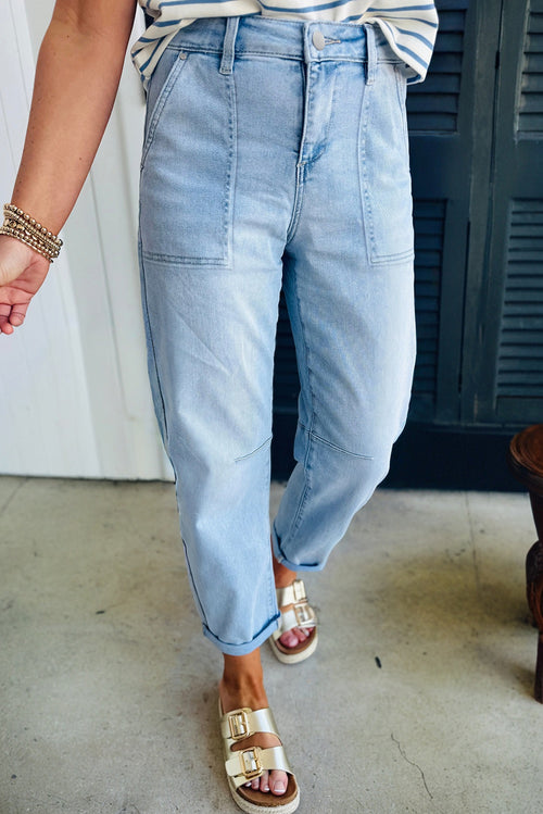 Beau Blue High Rise Barrel Relaxed Patch Pocket Jeans - Damesmode Afbeelding 2