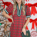 Rotes kariertes Mini-Kurzarmkleid im Shift-Stil - Foto 5