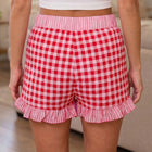 Himmelblaue Gingham-Print-Rüschen-Strips-Detail-Spitzen-Krawatten-Shorts - Thumbnail