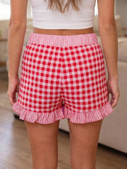 Sky Blue Gingham Print Ruffle Striped Detail Lace Tie Shorts - Miniatuur