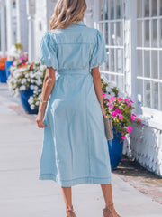 Vestido vaquero largo de manga burbuja con botones largos con botones de vela azul - Miniatuur