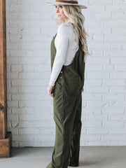 Jungle Green Button Adjustable Straps Solid Color Corduroy Jumpsuit - Miniatuur