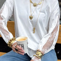 Camiseta de manga larga de encaje blanco con escote redondo - Foto 3