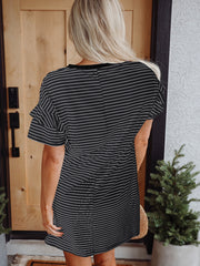 Green Stripe Ruffled Short Sleeve Crew Neck T Shirt Shift Mini Dress - Miniatuur
