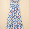 Sky Blue Ethnic Geometric Print Square Neck Smocked High Waist Ruffle Sleeve Dress - Foto 6