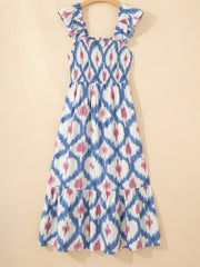 Himmelblaues, ethnisch-geometrisches Muster mit quadratischem Hals, hoch taillenförmigem Kleid mit Rüschenärmeln - Miniatuur